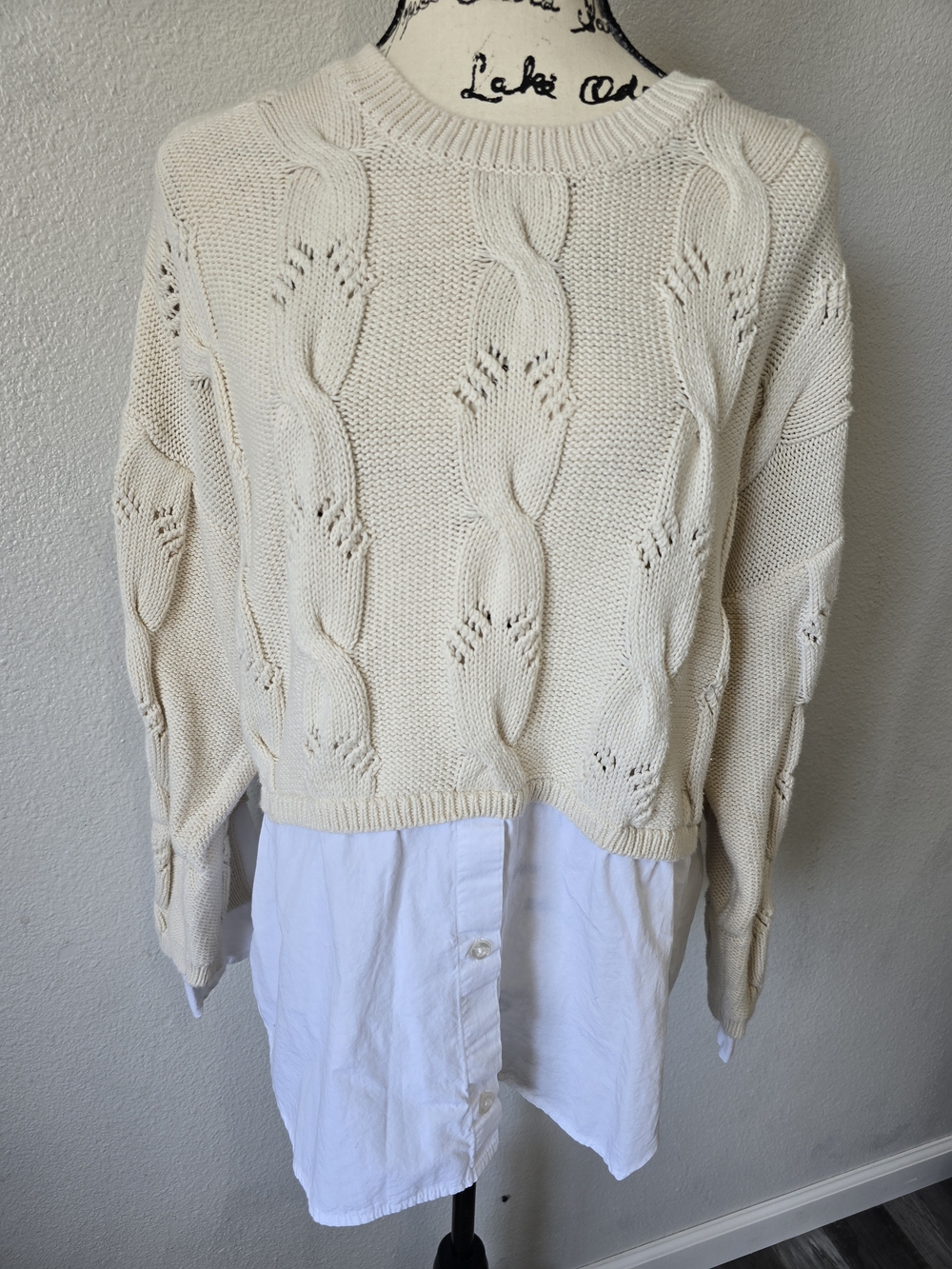 Anthropologie Pilcro Cable Knit Twofer Sweater Womens Size L Cream Preppy Office - Picture 2 of 11